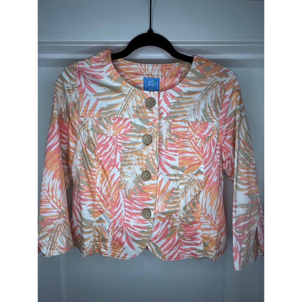 Lark Lane‎ Petite Tropical Palm Print Button Front Jacket Coral Orange 6P